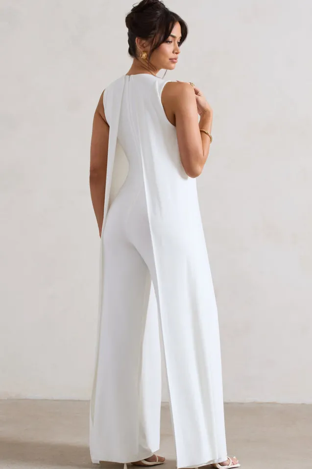 Essence | White High-Neck Wide-Leg Jumpsuit With Cape