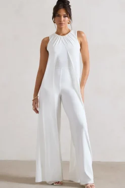 Essence | White High-Neck Wide-Leg Jumpsuit With Cape