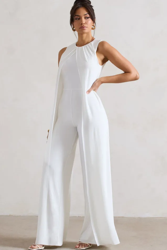 Essence | White High-Neck Wide-Leg Jumpsuit With Cape