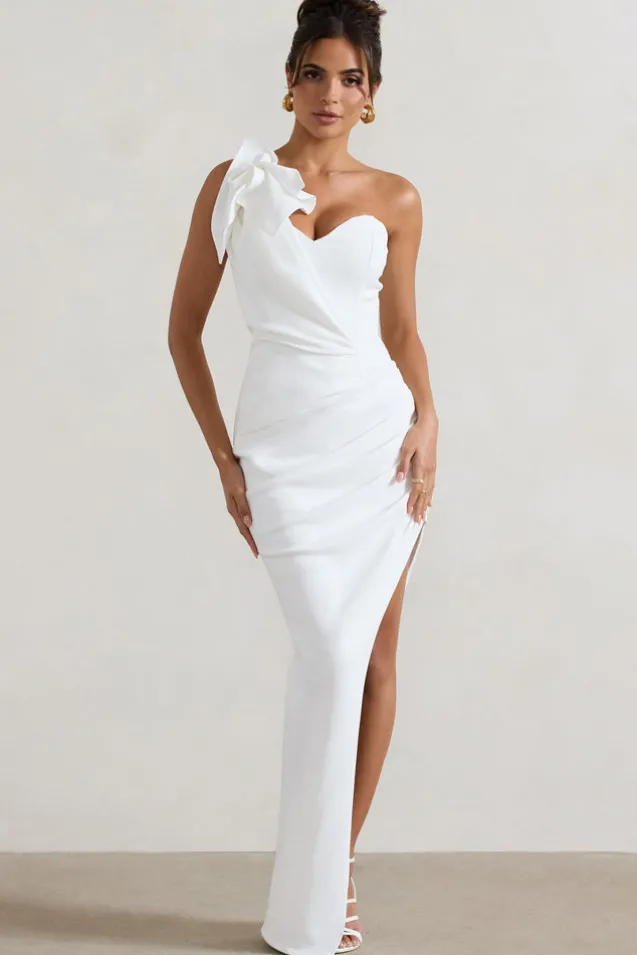 Esther | White Wrap Maxi Dress With Corsage