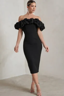 Estie | Black Structured Statement Bardot Midi Dress