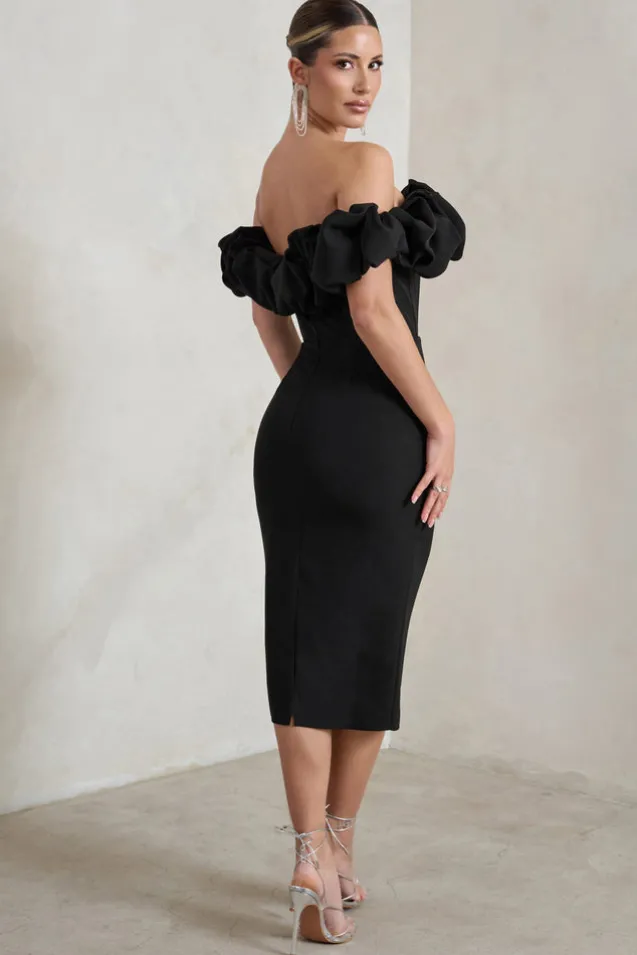 Estie | Black Structured Statement Bardot Midi Dress
