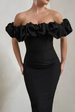 Estie | Black Structured Statement Bardot Midi Dress