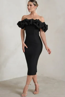 Estie | Black Structured Statement Bardot Midi Dress