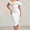 Estie | White Structured Statement Bardot Midi Dress