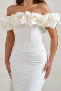 Estie | White Structured Statement Bardot Midi Dress