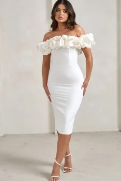 Estie | White Structured Statement Bardot Midi Dress
