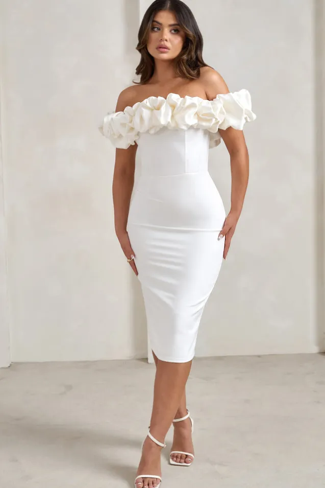 Estie | White Structured Statement Bardot Midi Dress