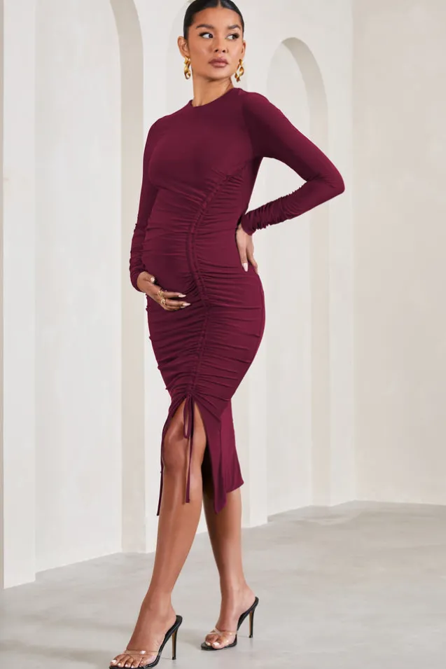 Eternal | Berry Long-Sleeved Split Maternity Midi Dress