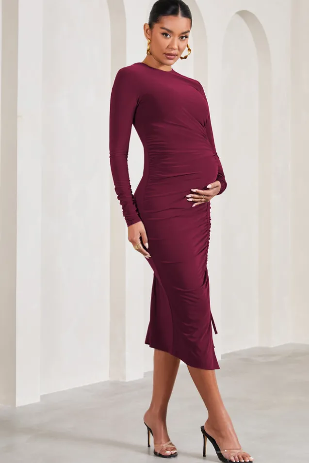 Eternal | Berry Long-Sleeved Split Maternity Midi Dress