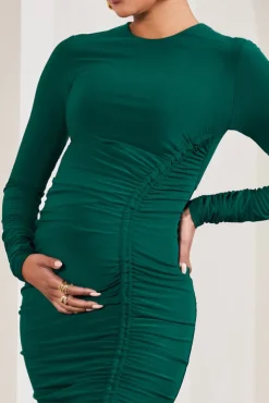 Eternal | Bottle Green Long-Sleeved Split Maternity Midi Dress