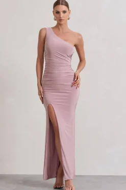 Ethereal | Dusky Lilac One Shoulder Ruched Split Maxi Dress