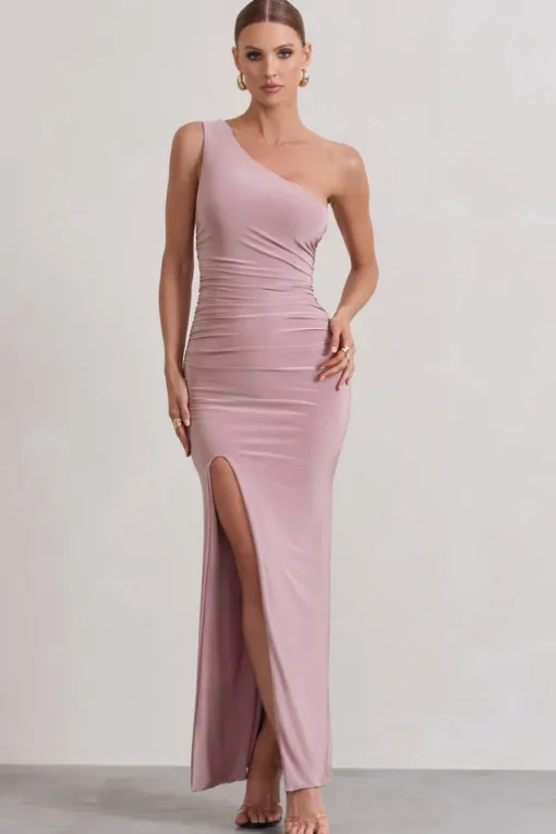 Ethereal | Dusky Lilac One Shoulder Ruched Split Maxi Dress