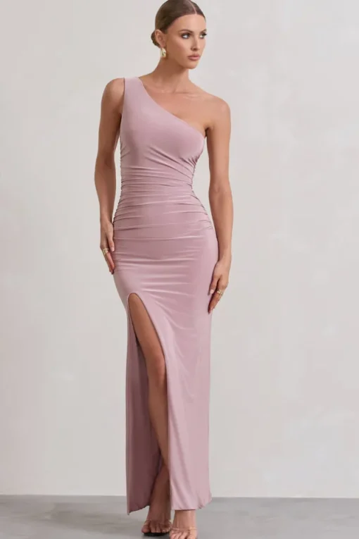 Ethereal | Dusky Lilac One Shoulder Ruched Split Maxi Dress