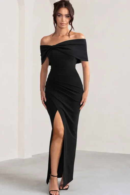 Eva | Black Bardot Bow Detail Maxi Dress With Thigh Split