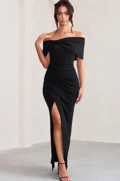 Eva | Black Bardot Bow Detail Maxi Dress With Thigh Split