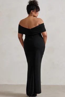 Eva | Black Bardot Bow Detail Maxi Dress With Thigh Split