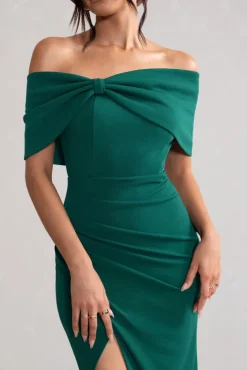 Eva | Green Bardot Bow Detail Maxi Dress With Thigh Split