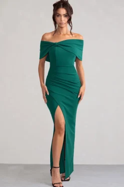 Eva | Green Bardot Bow Detail Maxi Dress With Thigh Split