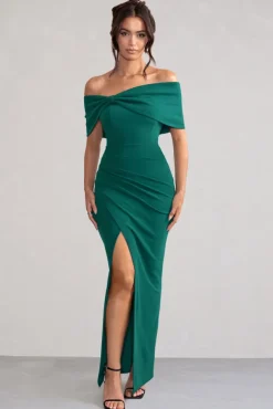 Eva | Green Bardot Bow Detail Maxi Dress With Thigh Split