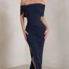 Eva | Navy Bardot Bow Detail Maxi Dress With Thigh Split