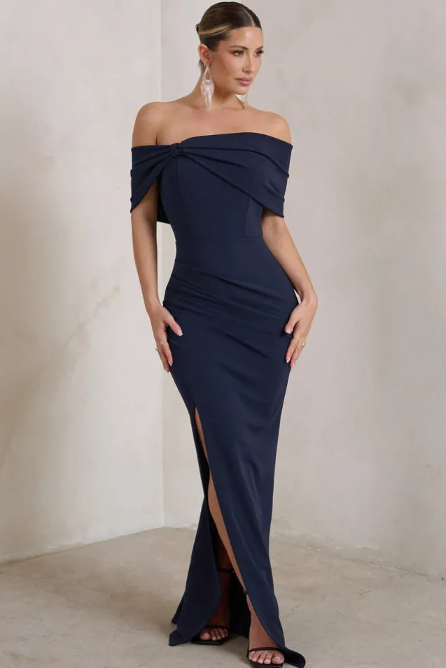 Eva | Navy Bardot Bow Detail Maxi Dress With Thigh Split