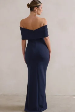 Eva | Navy Bardot Bow Detail Maxi Dress With Thigh Split