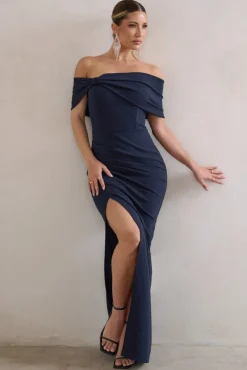 Eva | Navy Bardot Bow Detail Maxi Dress With Thigh Split