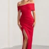 Eva | Red Bardot Bow Detail Maxi Dress With Thigh Split