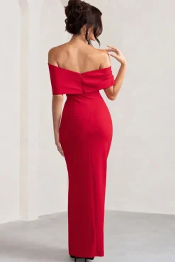 Eva | Red Bardot Bow Detail Maxi Dress With Thigh Split