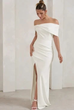 Eva | White Bardot Bow Detail Maxi Dress With Thigh Split