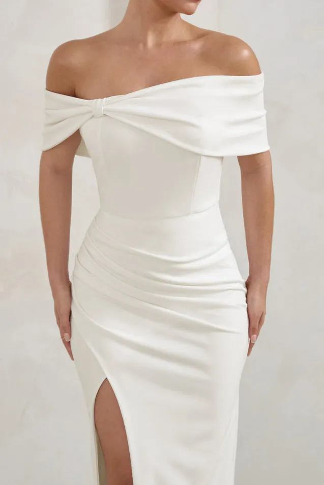 Eva | White Bardot Bow Detail Maxi Dress With Thigh Split