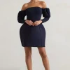 Evangeline | Navy Structured Bardot Puff-Sleeve Mini Dress