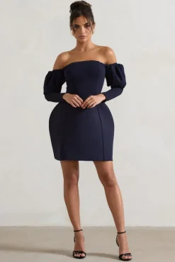Evangeline | Navy Structured Bardot Puff-Sleeve Mini Dress