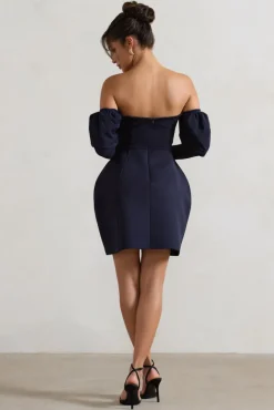 Evangeline | Navy Structured Bardot Puff-Sleeve Mini Dress