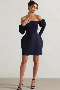 Evangeline | Navy Structured Bardot Puff-Sleeve Mini Dress