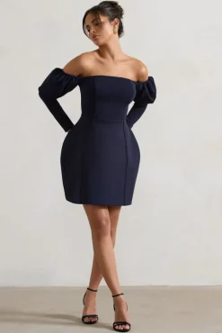 Evangeline | Navy Structured Bardot Puff-Sleeve Mini Dress