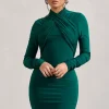Eve | Bottle Green Crossed-Neck Long-Sleeved Bodycon Mini Dress