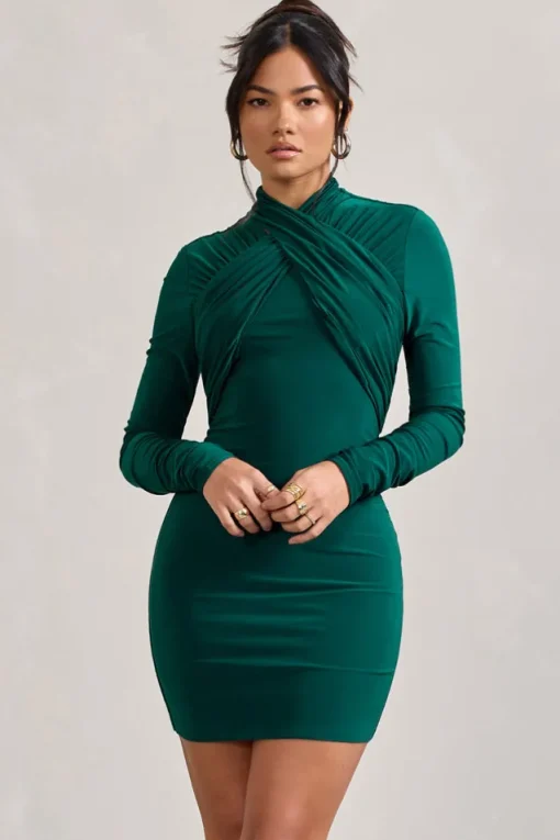 Eve | Bottle Green Crossed-Neck Long-Sleeved Bodycon Mini Dress