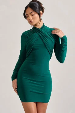 Eve | Bottle Green Crossed-Neck Long-Sleeved Bodycon Mini Dress