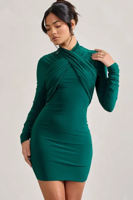 Eve | Bottle Green Crossed-Neck Long-Sleeved Bodycon Mini Dress