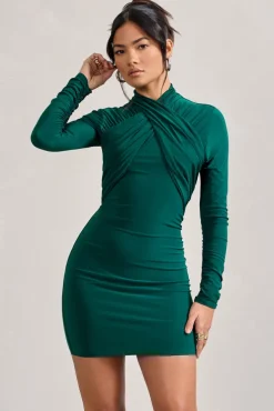 Eve | Bottle Green Crossed-Neck Long-Sleeved Bodycon Mini Dress