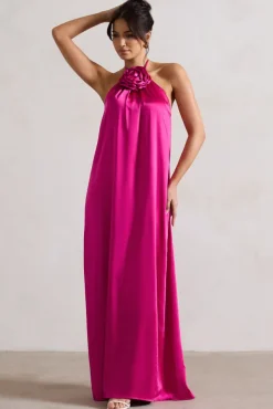 Everleigh | Dark Pink Satin Relaxed Fit Maxi Column Dress With Corsage