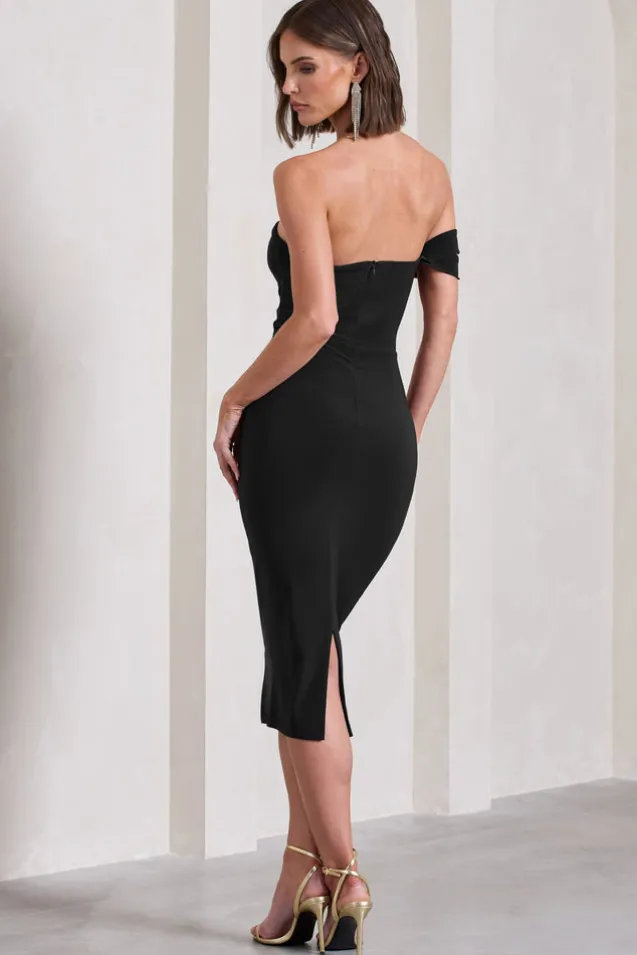 Eviana | Black Bodycon Sleeveless Twist Midi Dress