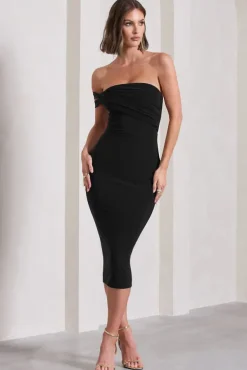 Eviana | Black Bodycon Sleeveless Twist Midi Dress