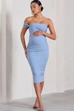 Eviana | Powder Blue Bodycon Sleeveless Twist Maternity Midi Dress