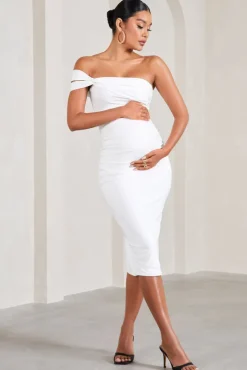Eviana | White Bodycon Sleeveless Twist Maternity Midi Dress