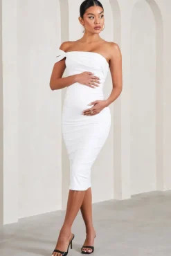Eviana | White Bodycon Sleeveless Twist Maternity Midi Dress
