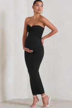Evita | Black Maternity Sweetheart Twist Detail Midi Dress