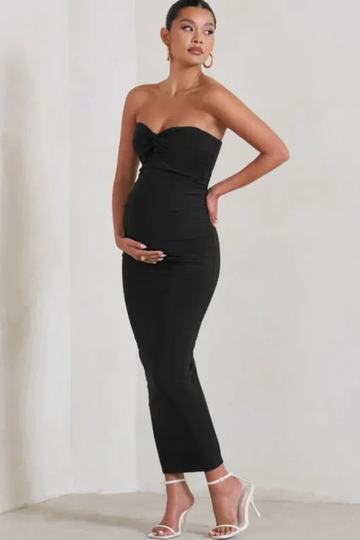 Evita | Black Maternity Sweetheart Twist Detail Midi Dress